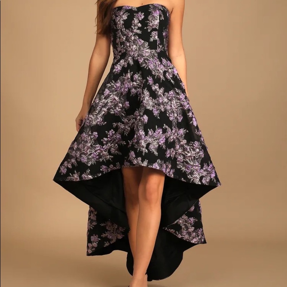 Lulu All Romance Black Floral Jacquard Strapless High-Low Dress